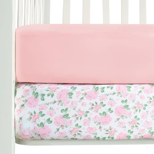 Stretchy Crib Sheets Girl, 2 Pack Baby Crib Sheets Fitted for Standard Crib and Toddler Mattress 52" x 28", Soft and Breathable Fitted Sheets Neutral, Pink & Floral