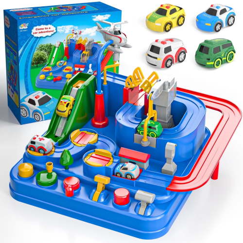 Lucky Doug Adventure Race Car Toys for 3-6 Years Old Boys, Car Rescue Adventure Toys with 4 Mini Car, Manually Operated Car Playset Educational Toys for Kids, Gifts for Boys Ages 3 4 5 6