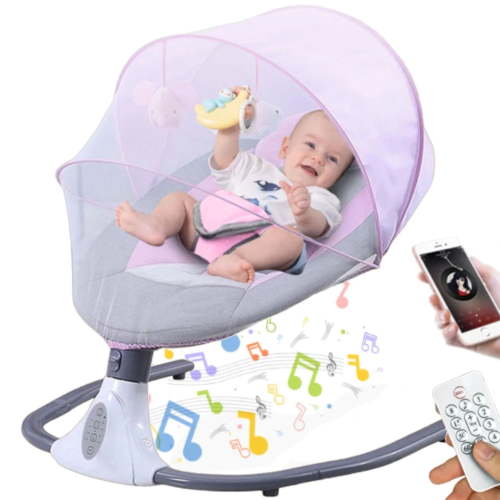 HENG Co. Electric Baby Swing and Rocker, Infant Bouncer Chair Featuring 12 Lullabies, Bluetooth Connectivity, Multiple Speed Settings, 4 Timer Modes, Unisex Design, Pink.