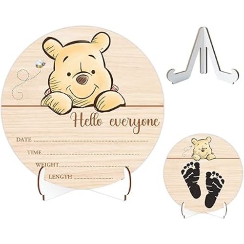 Winnie Baby Wooden Newborn Birth Sign, The Pooh Baby Announcement Sign, Babies Name Plaques Photography Prop, Winnie Hello World Newborn Signs, Pooh Double Sided Hello World for New Mom Babies