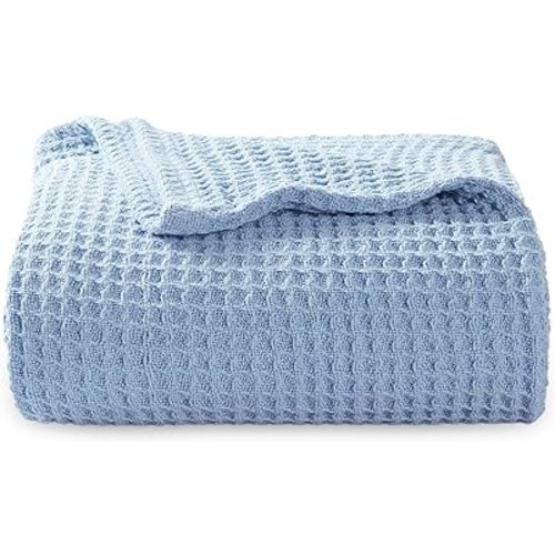 Bedsure 100% Cotton Large Throw Blanket for Couch 50x70 inches - Breathable and Soft, Waffle Weave Throw Blanket for Office, Sky Blue