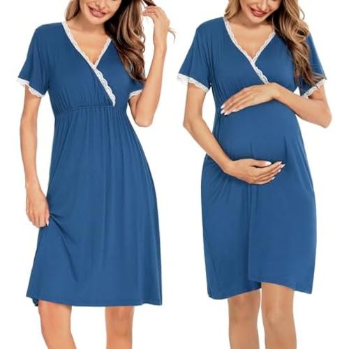 SWOMOG Women 3 in 1 Delivery/Labor/Nursing Nightgown Short Sleeve Pleated Maternity Sleepwear for Breastfeeding