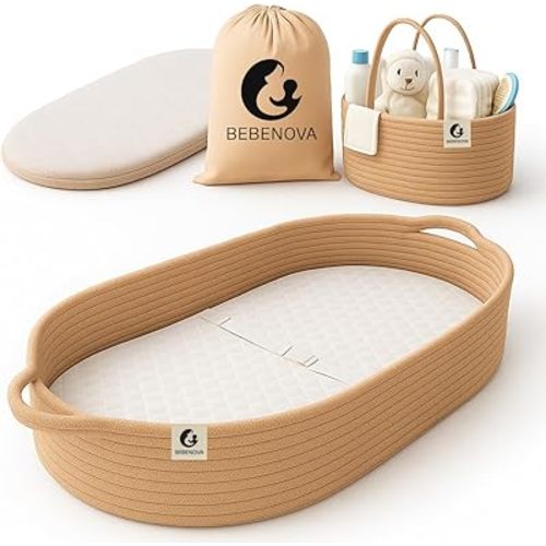 BEBENOVA Baby Changing Basket with 2 Waterproof Pad Covers & Baby Changing Pad, Diaper Basket, & Cotton Bag, Portable Changing Table Topper, Moses Baskets for Newborn, Cotton Rope