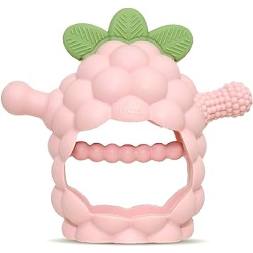 RaZbaby RaZberry Grip Silicone Teether Toy for 3M+ | Drop Resistant Hand Held Teether for Babies and Infants - Designed by Nature with Our Patented BerryBumps Multitextured Design | 3M+, Pink