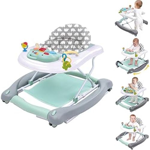 5 in 1 Foldable Baby Walker, Activity Baby Walker-Baby Bouncer, Rocker, Activity Center,Seat and Push Walker,Detachable Trampoline Mat, Adjustable Speed Rear Wheels and Height,Ages 6-18 Months(Mint)