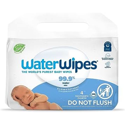 WaterWipes Plastic-Free Original-baby Wipes, 99.9% Water Based Wipes, Unscented & Hypoallergenic for Sensitive Skin, 240 Count (4 packs), Packaging May Vary
