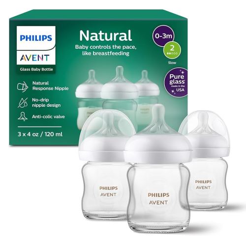Philips Avent Natural Glass Baby Bottles with Natural Response Nipples (Slow Flow, Flow 2), 4oz, 3-pack, SCY910/03