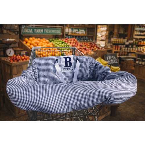 Embroidered cart cover, personalized, reversible, blue gingham shopping cart cover, high chair cover, boy shopping cart cover. monogrammed
