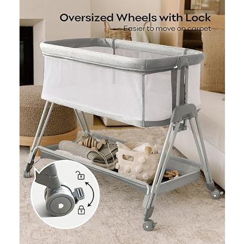 Fodoss Bedside Bassinet for Baby with Wheels, All Mesh Bedside Crib with Storage Basket, Hight Adjustable and Easy Assembly