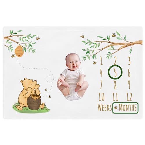 Classic Winnie Bear Baby Milestone Blanket Boy, Pooh Baby Growth Month Blanket Girl, First Year Calendar Monthly Growth Chart, Baby Boy Shower Gift, Newborn Photoshoot Mat, (Minky-Fleece, 60x40 inch)