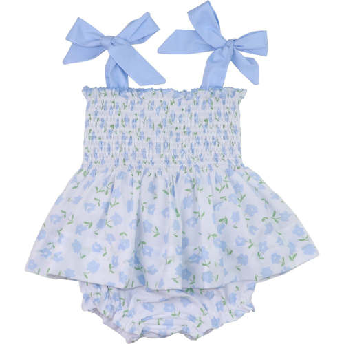 Blue Floral Shoulder Tie Smocked Diaper Set