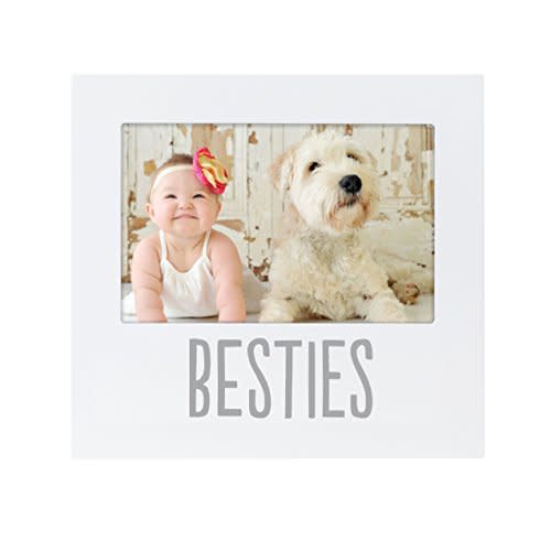 Pearhead Bestie and Baby Keepsake Frame - Wood Photo Frame for Baby and Pet, with Easel Back and Wall Hanger, Perfect Gender Neutral Nursery Decor and Shower Gift, White