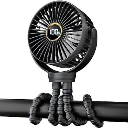 Portable Stroller Fan, Small Battery Powered Fan w/ 360° Rotation, 3-Speed, Rechargebale Mini Personal Fan w/Display, Stroller Accessories Gift for Car Seat, Crib, Bike, Treadmill, Black