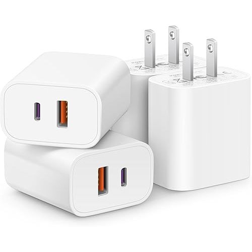 [4 Pack] USB C Charger Block Fast Charging Multiport Adpater [PD 20W USB-C & QC 3.0 USB-A Port] for IP 16/15/14/13/12/11/X/8, i Pad, Sam Sung, Google, Galaxy & More