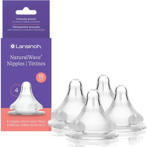 Lansinoh NaturalWave Baby Bottle Nipples, Extra Slow Flow, Size XS, 0+ Months, 4 Count – 100% Soft, Durable Silicone, Made Without BPA BPS, Anti-Colic, Supports Baby’s Developing Mouth and Teeth