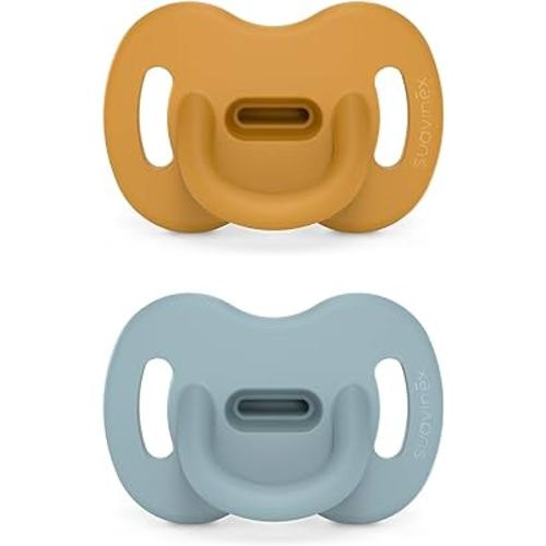 Color Essence SX PRO Silicone Baby Pacifier 2Pk, Made with 100% Soft Silicone, Baby Essentials Perfect for Breastfeeding Babies, Designed in Spain, 0-6 Mths, Mustard/Blue