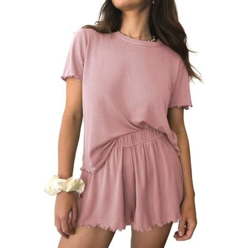 Ekouaer Womens Pajamas 2 Piece Ribbed Knit Pjs Short Sleeve Sleepwear Set Summer Soft Pajamas Set Casual Lounge Sets