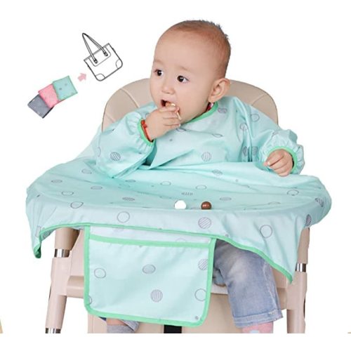 Coverall Baby Feeding Bib for Eating,Long Sleeves Bib Attaches to Highchair and Table,Weaning Bibs - Green Sleeved