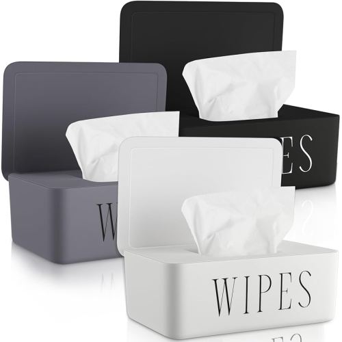 3 Pack Baby Wipes Dispenser Refillable Wipe Holder with Lid Toilet Container for Bathroom Tissue Paper Storage Box for Home Office Cars(Small,Black, White, Gray)