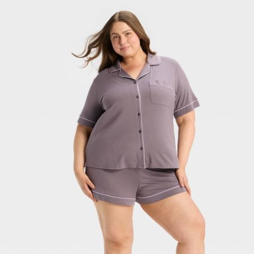 Women's Cloud Knit Short Sleeve Notch Collar Top And Shorts Pajama Set - Auden™ Navy Blue Xs: Modal Spandex Blend