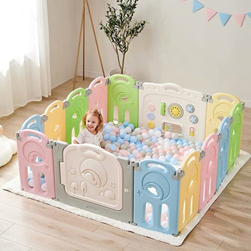 Fortella Cloud Castle Foldable Playpen, Baby Safety Play Yard with Whiteboard and Activity Wall, Indoors or Outdoors (Multicolor 14 Panel)