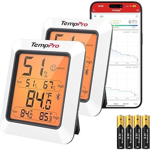 TempPro Hygrometer Thermometer for House, Bluetooth Room Indoor Greenhouse Thermometer Monitor Up to 260FT, Backlit Humidity Meter Temperature Sensor with 2-Year Data Export,2 PS(Previously ThermoPro)