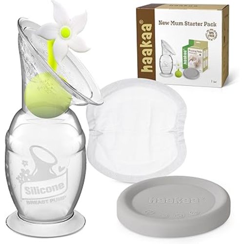 haakaa New Mum Starter Pack, Silicone Manual Breast Pump with Silicone Cap & Flower Stopper (5oz/150ml), Disposable Nursing Pads 36 Count for Breastfeeding
