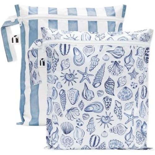 Bumkins Roamio - Waterproof Wet Bag - For Baby, Travel, Swim Suit, Cloth Diapers, Pump Parts, Pool, Gym, Toiletry, Strap to Stroller - Reusable & Easy to Clean - 2pk - Blue Stripes & Shells