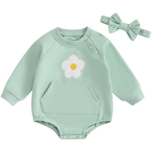 Douhoow Baby Sweatshirt Romper Floral Embroidery Baby Girl Romper Infant Girl Fall Winter Clothes with Headband