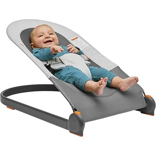 Boon Slant Portable Baby Bouncer - Folding Baby Seat for Infants - Lightweight Portable Baby Chair with Machine Washable Fabric and 3-Point Harness - Gray