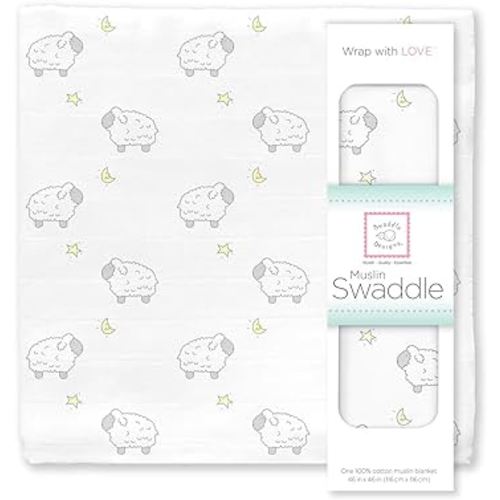 SwaddleDesigns Cotton Muslin Swaddle Blanket, Receiving Blanket for Boys & Girls, Best Shower Gift, 46x46 inches, Little Lambs, Sterling