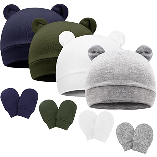 BQUBO Newborn Baby Bear Ears Hats and Mittens Sets Preemie Cotton Caps Baby Boy Girl Infant Hospital Beanie