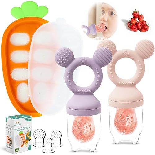 Baby Fruit Food Feeder - Silicone Nibble Tray Combo - Breastmilk Popsicle Mold for Cooling Relief, BPA Free Mesh Feeder for Infant Self Feeding (Lavender Pink + Carrot)
