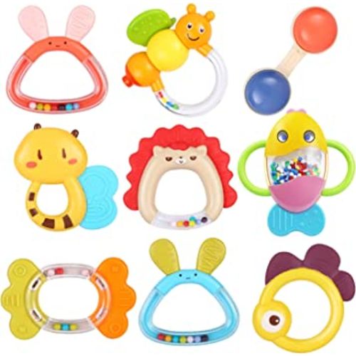 MOONTOY Baby Rattles Teether Set Toys for 0 1 2 3 4 5 6 7 8 9 10 11 12 Month Old Baby Boy Girl, 9PCS Baby Toys Sensory Toys Early Development Newborn Birthday Gifts Infant Toys 0-3-6-12 Month