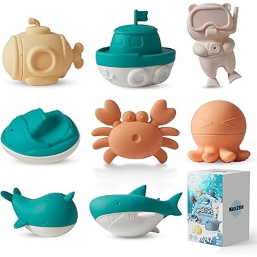 MarcZero Ocean Silicone Bath Toys 8Pcs for Toddlers Kids Babies,Bathtub Water Toys,Soft Squeezable Easy-Grip Pool Toys Set (Green)