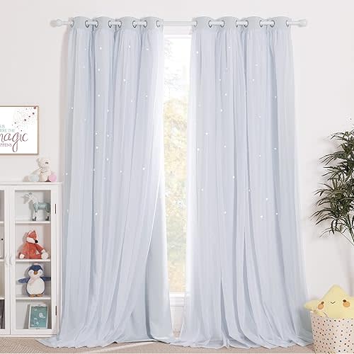 NICETOWN Bedroom Layered Room Darkening Curtains, Starry Cut Curtain with Sheer for Kids Nursery Living Room for Thanksgiving (Greyish White, W52 x L84, 1 Pair)