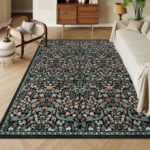 Moynesa Floral Washable Rugs, 8x10 Area Rug for Living Room, Soft Large Boho Bedroom Rug, Botanical Non Slip Ultra Thin Floor Carpet for Dining Room Nursery Office, Black
