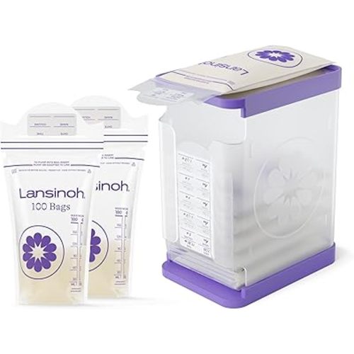 Lansinoh Breastmilk Freeze & Store Starter Pack – Breastmilk Storage Container with Quick-Freeze Tray, Stores 10 Bags + 100 Count 6 oz Breastmilk Storage Bags, Baby Feeding Essentials