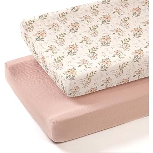 lulumoon Muslin Changing Pad Cover: 2-Pack Soft Breathable Cotton Boho Floral Print for Baby Girls - Nursery & Baby Shower
