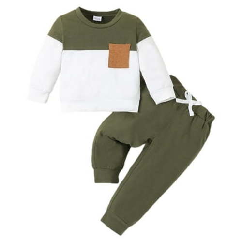 HCNTES Toddler Baby Boy Clothes Fall Winter Outfit Patchwork Long Sleeve Sweatshirt Tops Stretch Pants Playwear Setï¼Green,6-9 Months)