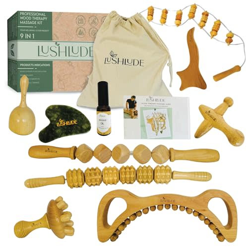 LUSHLUDE 9-in-1 Wood Therapy Massage Tools Kit - Lymphatic Drainage Massager for Thighs, Back, HIPS, Stomach | Maderoterapia Kit Professional for Muscle Pain Relief | Wooden Body Sculpting Tools