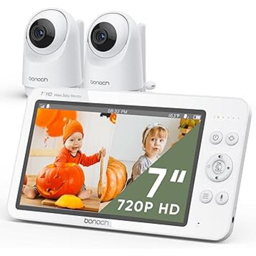 bonoch MegaView Baby Monitor with 2 Cameras, 7" 720P HD Split Screen Baby Monitor No WiFi, Video Baby Monitor with Camera and Audio, 6000mAh, VOX Mode, 2 Way Audio, Remote PTZ, Auto Night Vision