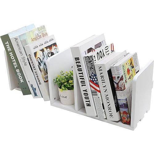 MyGift White Wood Desktop Bookshelf Organizer, Expandable Adjustable Display Shelf Book Rack