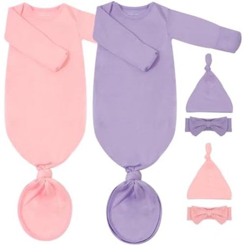 2Pack Newborn Baby Knotted Gown, Super Soft Modal Infant Long Sleeve Sleeper with Hat and Headband Set