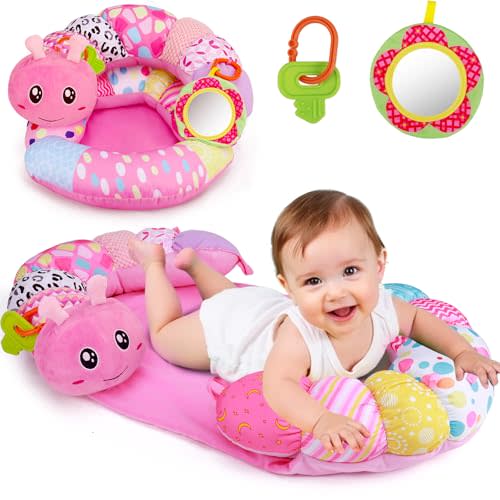 2 in 1 Baby Tummy Time Mat & Support Seated Pillow Infant Newborn Toys 0 1 2 3 4 5 6 Months Pink Caterpillar Sensory Developmental Playmat 0-6 3-6 Month Babies Mirror Shower Birthday Christmas Gifts