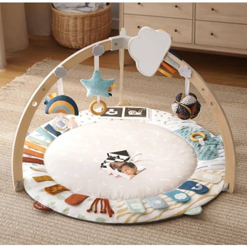 Blissful Diary Baby Play Gym & Activity Mat, 5 Developmental Zones Wooden Tummy Time Mat with 5 Detachable Sensory Toys for Motor Skills & Sensory Development, Baby Essentials Shower Gift