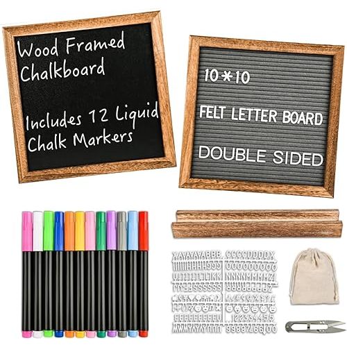 10" x 10" Double Sided Chalkboard Sign with Stand, Small Chalk Board Blackboard Wood Frame Felt Letter Board with 12 Chalk Markers and 340 Letters (Brown)