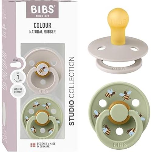 BIBS Colour Studio Soother 2-Pack, BPA Free Dummy Pacifier, Round Nipple. Natural Rubber Latex, Made in Denmark, Size 1 (0-6 Months), Mushroom/Sage