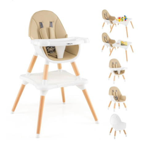 BABY JOY 6 in 1 High Chair, Convertible High Chairs for Babies and Toddlers/Booster Seat/Table and Chair Set, Infant Wooden Highchair w/ 5-Point Harness, 4-Position Removable Tray & PU Cushion (Khaki)