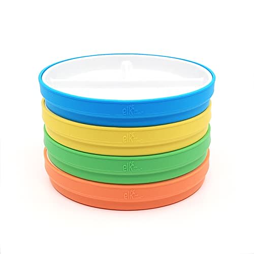 Elk and Friends Kids 6.7” Porcelain White Plates with Silicone Sleeves | Divided Plates | Suitable for Kids/Toddlers | Microwave & Dishwasher Safe | Non Slip | Snack Dishes